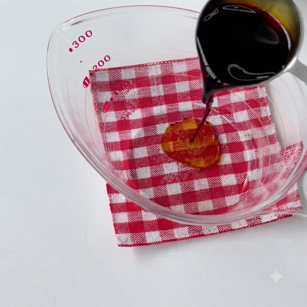 Ingredientes de la salsa siendo medidos y vertidos dentro de una taza medidora de cristal sobre un paño a cuadros rojos.