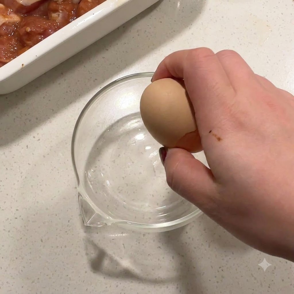 Una mano cascando un huevo en un bol de cristal junto a un recipiente con pollo marinado.