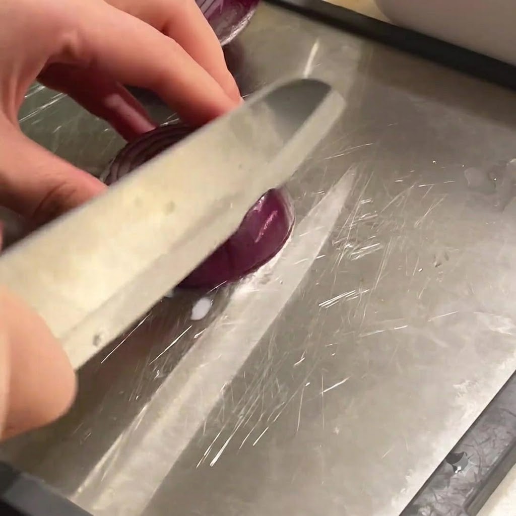 Un cuchillo afilado cortando una cebolla roja en una tabla de cortar.