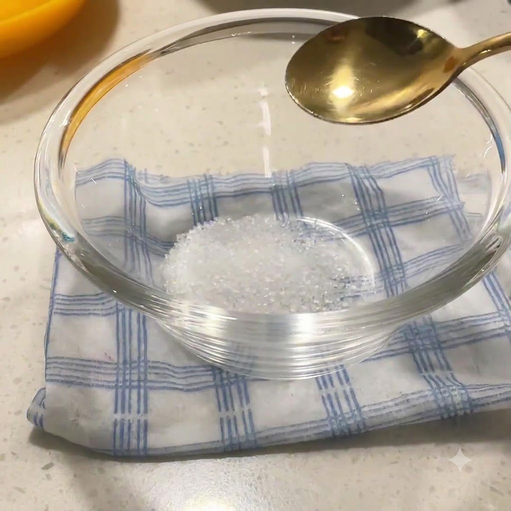Azúcar granulado en un bol de cristal con una cuchara dorada flotando sobre él.