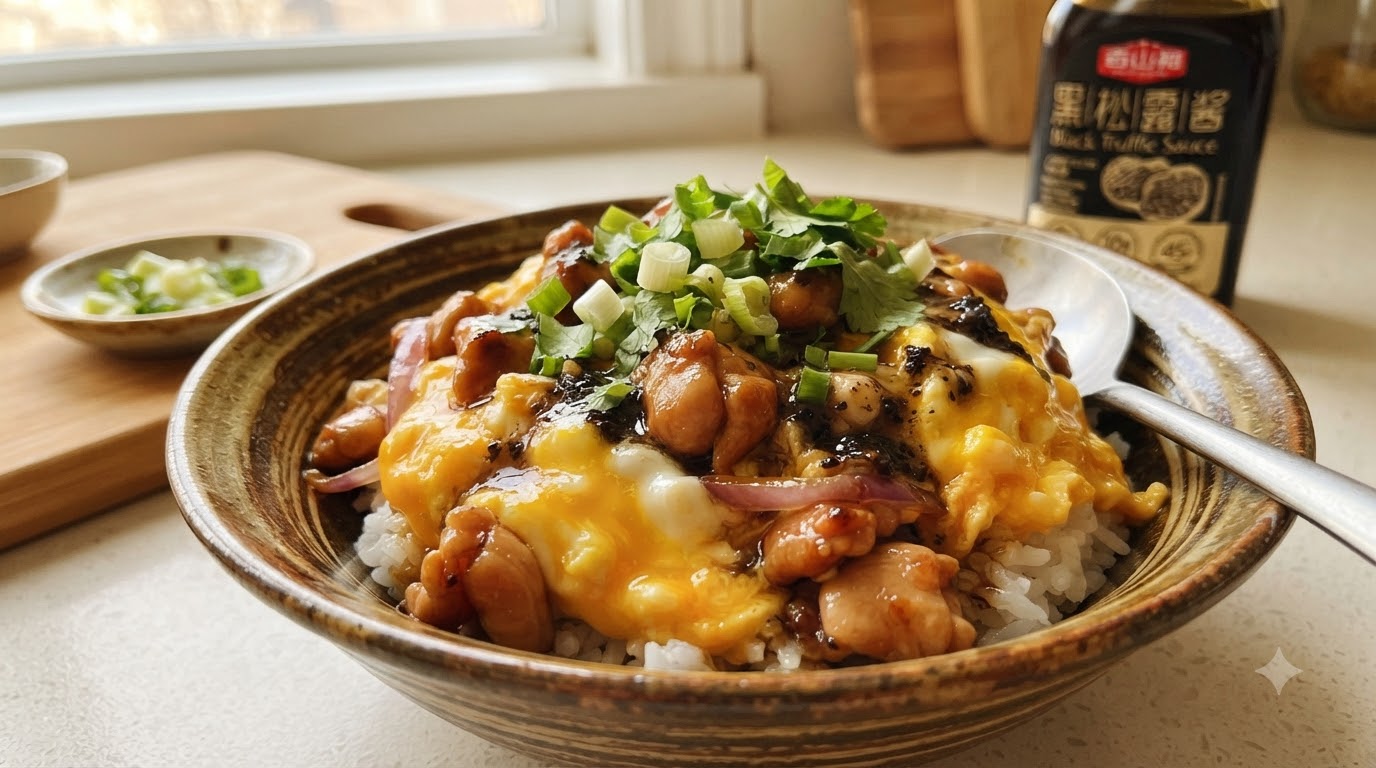 Pilaf de Pollo Japonés con Huevo Suave y Salsa de Trufa Negra