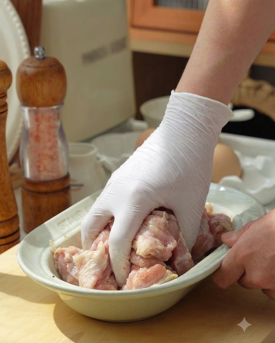 Una mano con un guante de cocina blanco mezclando el pollo crudo en el recipiente.