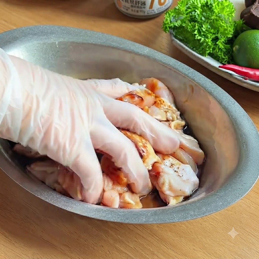 Una mano con guante mezclando trozos de pollo con condimentos oscuros dentro de un bol de metal.