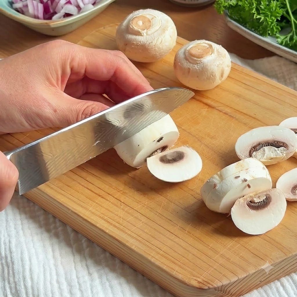 Champiñones blancos frescos siendo cortados con un cuchillo de cocina en una tabla de cortar de madera.
