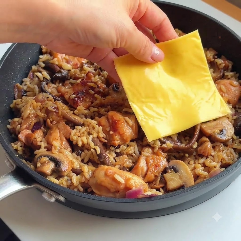 Rodajas de queso siendo colocadas encima del arroz frito con pollo y champiñones.