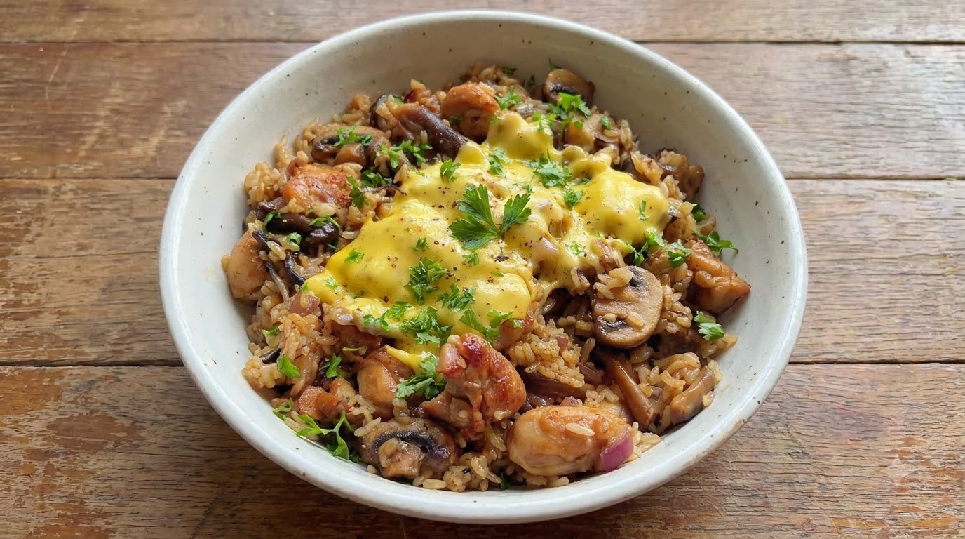 Arroz Cremoso con Pollo, Champiñones y Queso