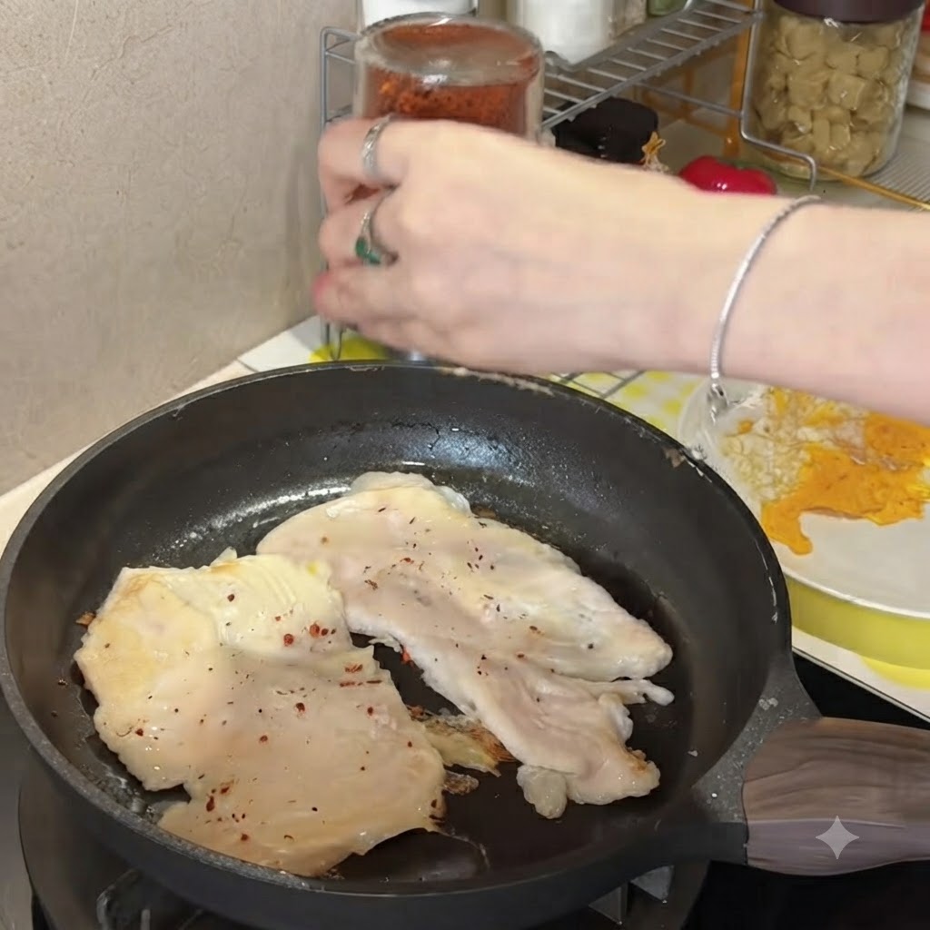 Una mano agitando un frasco de especias de vidrio, espolvoreando hojuelas de chile rojo sobre dos filetes de pollo que se fríen en una sartén.