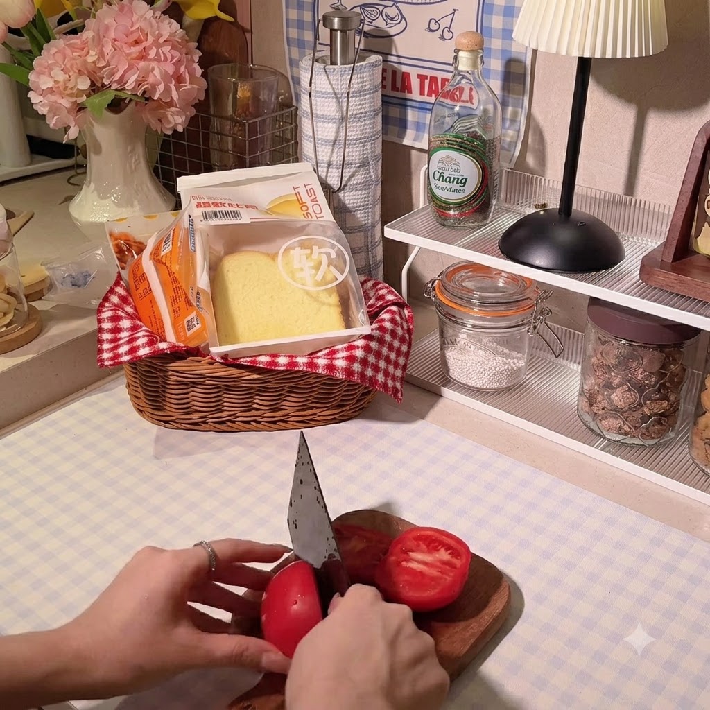 Las manos de una persona usando un cuchillo de chef para cortar un tomate rojo brillante en una tabla de cortar de madera.