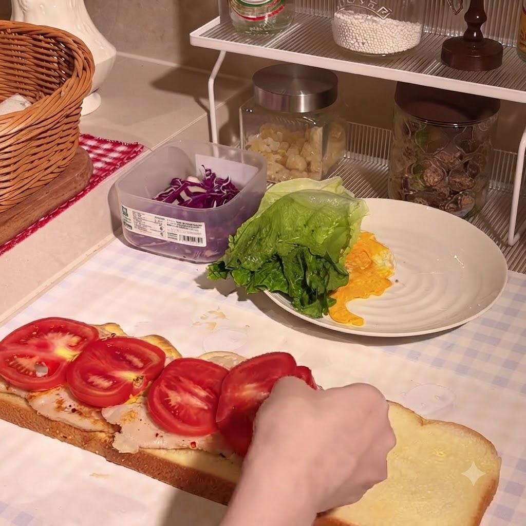 Una mano organizando rodajas redondas de tomate rojo fresco sobre filetes de pollo sazonados colocados en una rebanada larga de pan de calabaza.