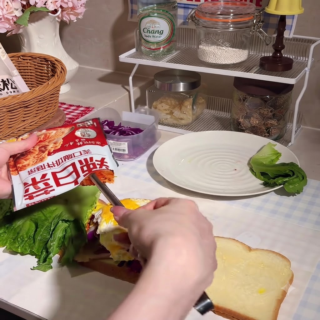 Kimchi siendo colocado sobre la pila del sándwich en crecimiento.