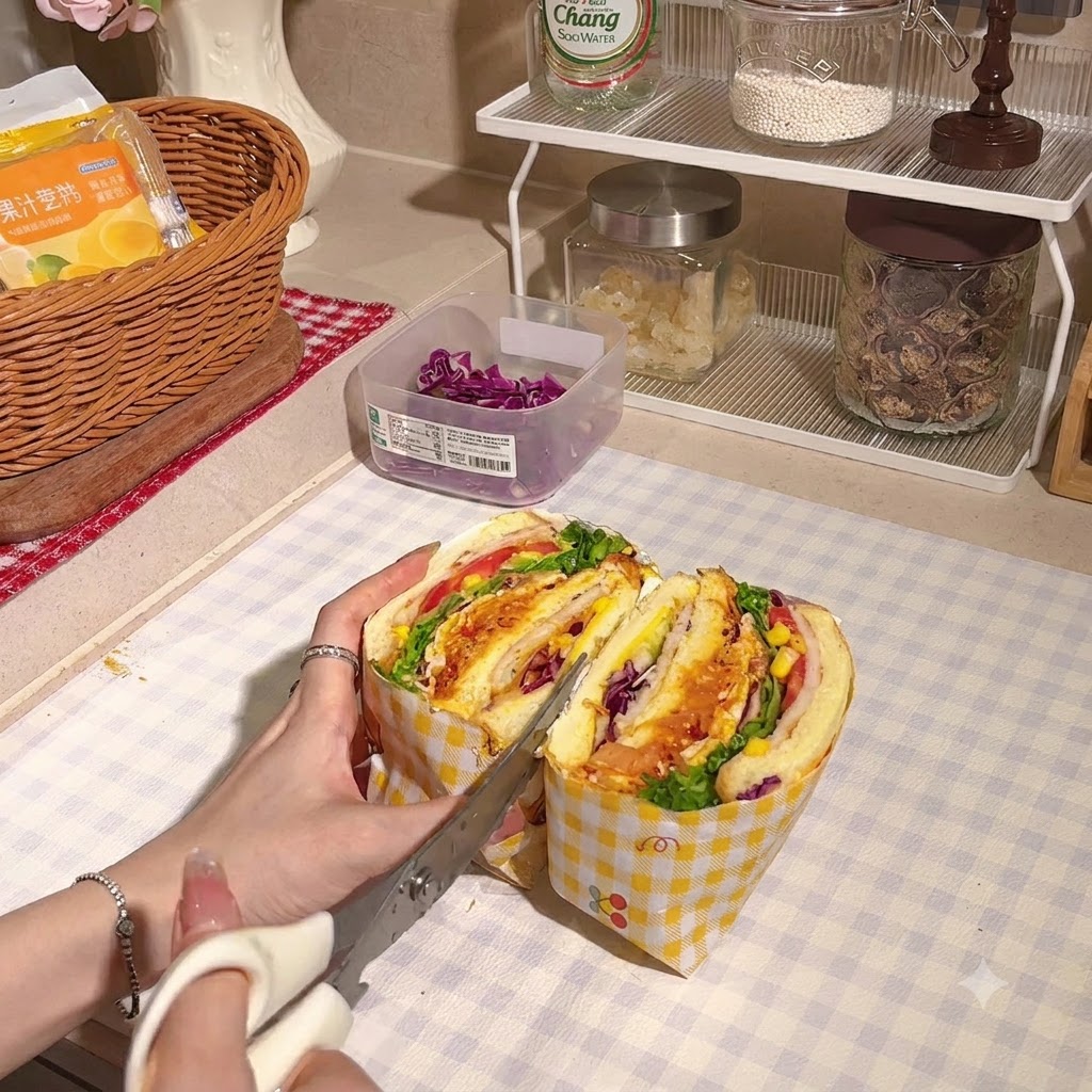 Tijeras de cocina cortando el sándwich envuelto a la mitad para mostrar la sección transversal.