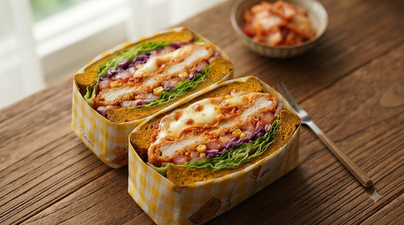 Sándwich Doble de Pollo con Kimchi y Queso Coreano