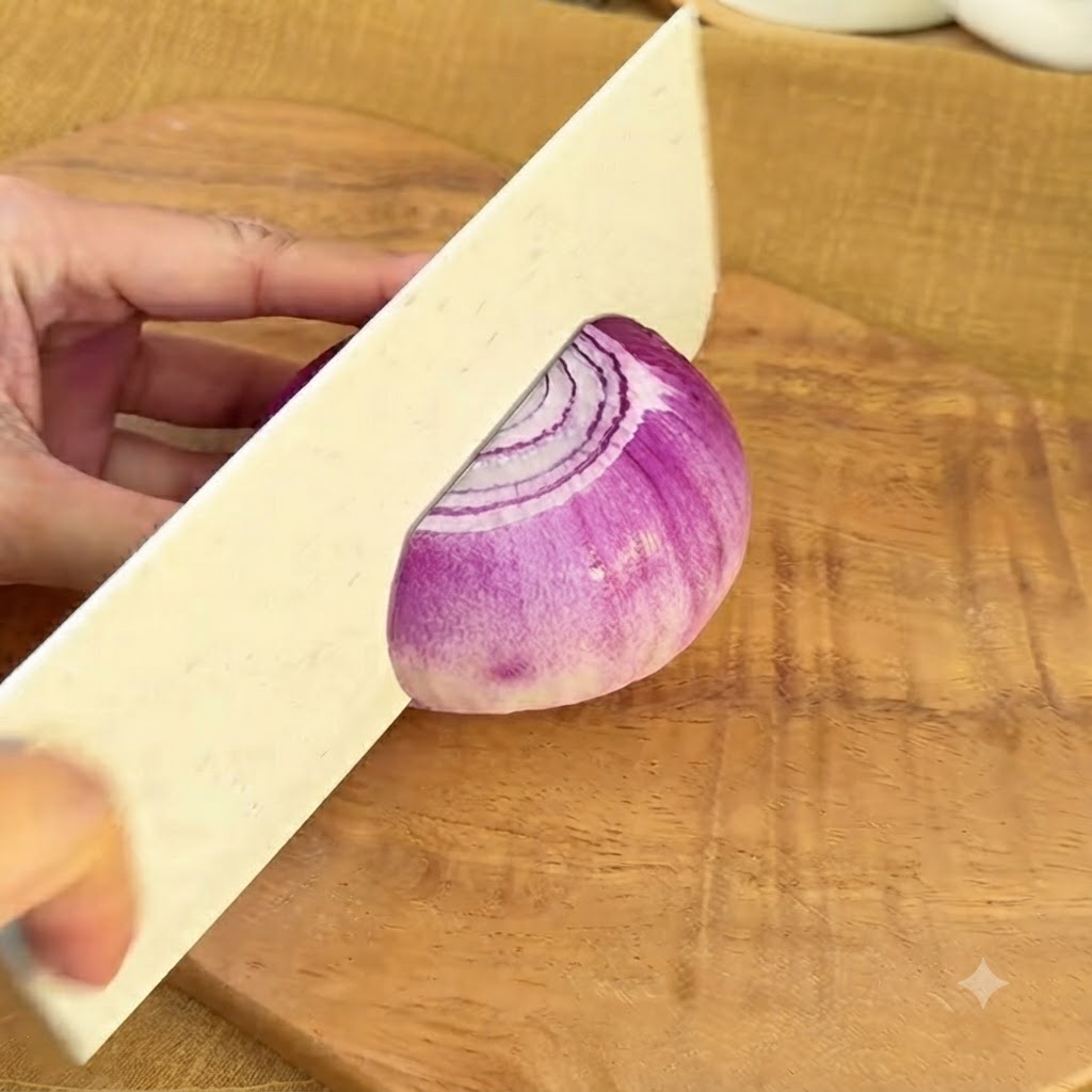 Un cuchillo de cocina cortando una cebolla morada en tiras finas sobre una tabla de cortar de madera.