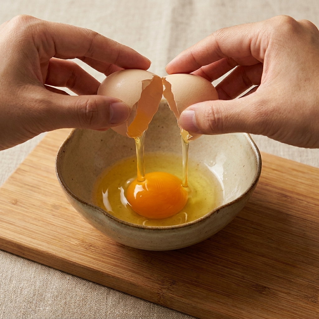 Dos huevos siendo cascados en un bol de cerámica con condimento de pimienta negra.