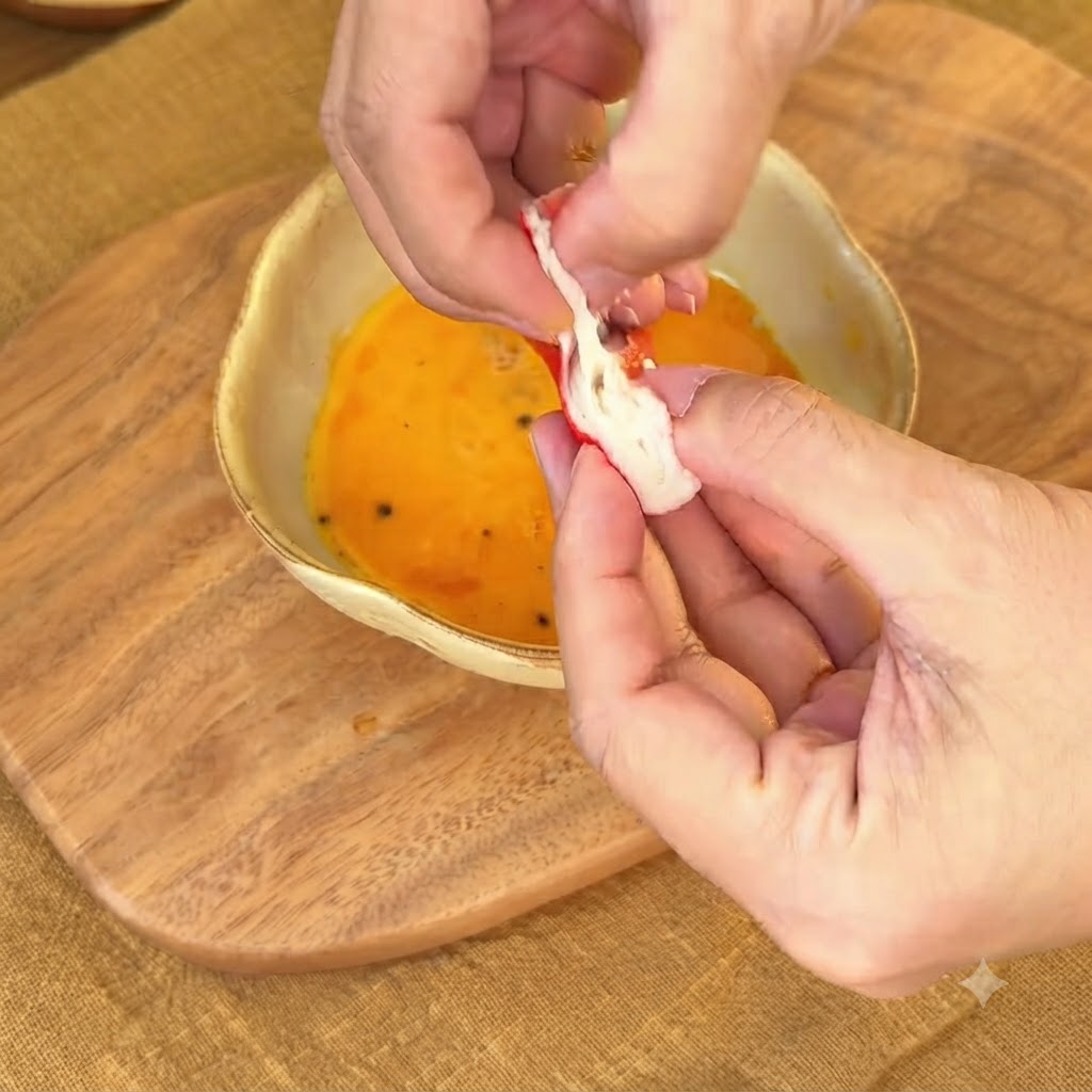 Palitos de cangrejo desmenuzados siendo añadidos a un bol de huevos crudos.