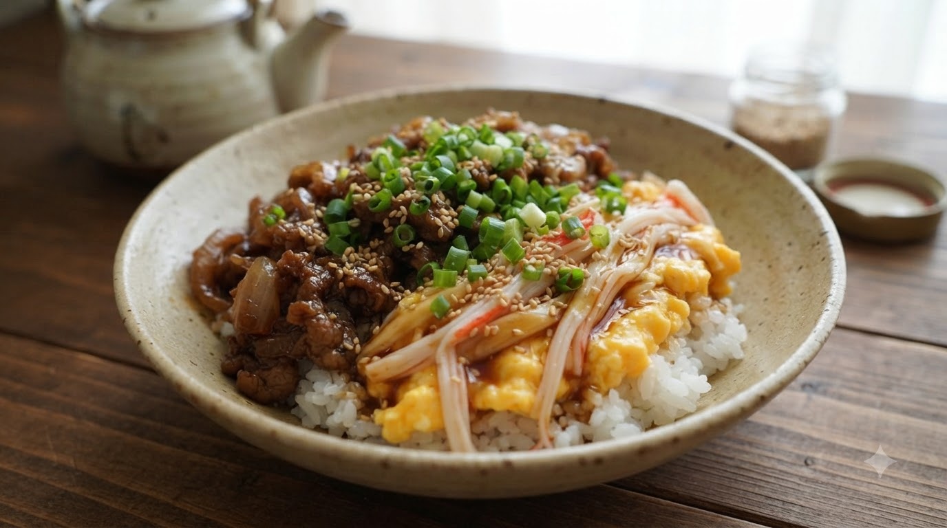 Un tazón gourmet de arroz con ternera coronado con sabrosa carne caramelizada, huevos revueltos suaves con palitos de cangrejo, semillas de sésamo y cebollas verdes.