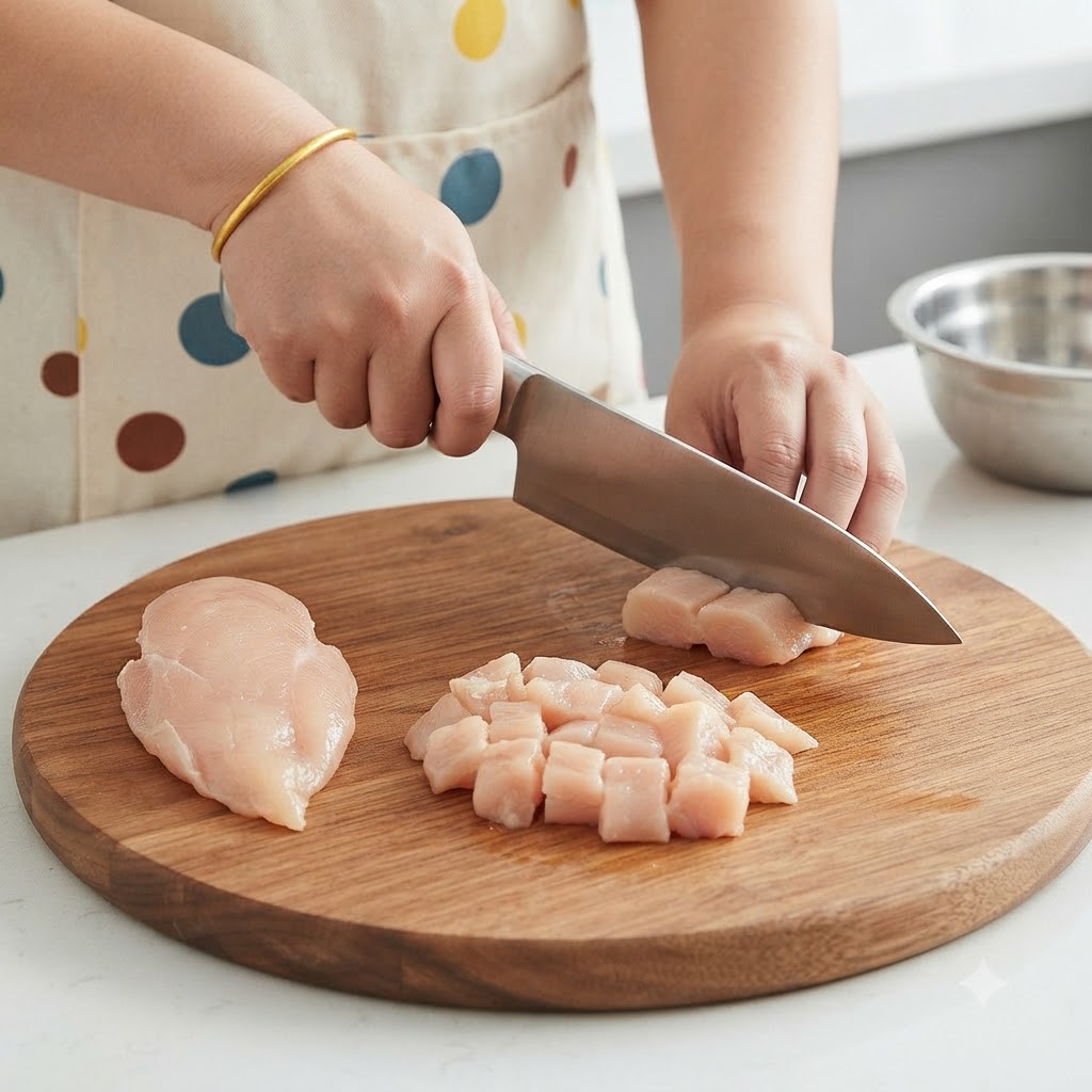 Manos usando un cuchillo grande para cortar pechuga de pollo cruda en trozos sobre una tabla de cortar redonda de madera.