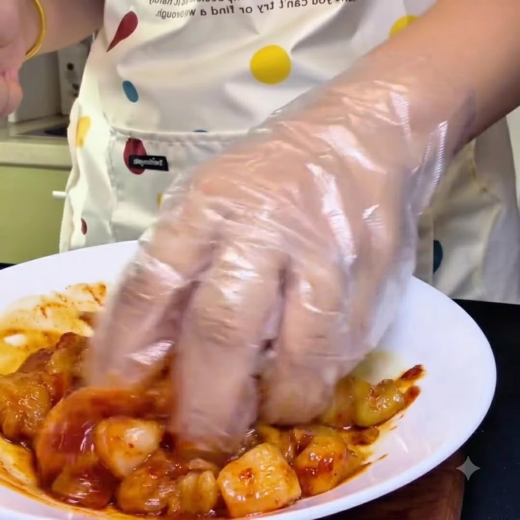 Una mano con un guante de plástico transparente mezclando trozos de pollo crudo con un adobo rojo en un bol blanco.