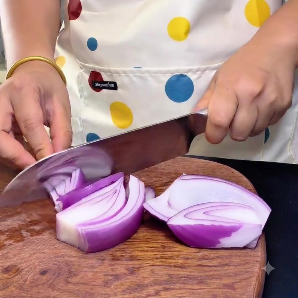 Manos usando el cuchillo del chef para cortar cebolla morada en cubitos sobre una tabla de cortar de madera.