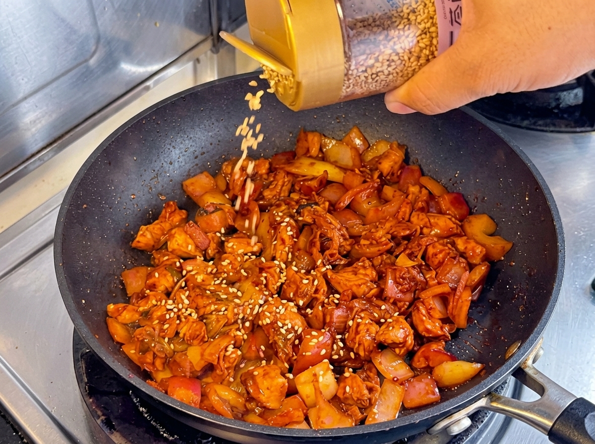 Una mano agitando un frasco de semillas de sésamo blanco sobre una sartén llena de kimchi y pollo salteados.