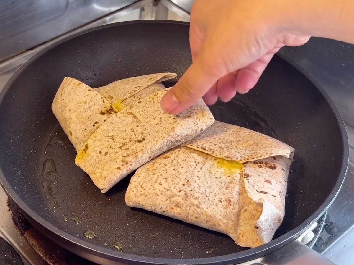 Dos wraps de pan plano integral en una sartén negra seca con una mano presionando ligeramente hacia abajo.