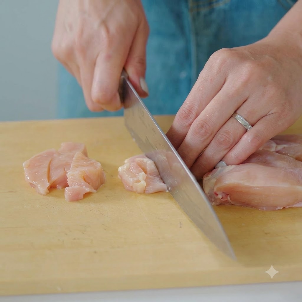 Pechuga de pollo cortándose en trozos pequeños sobre una tabla de cortar de madera con un cuchillo afilado.