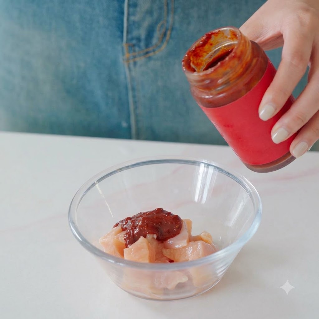 Pasta de chile coreano y otros condimentos vertiéndose desde un tarro en un bol de vidrio con trozos de pollo.