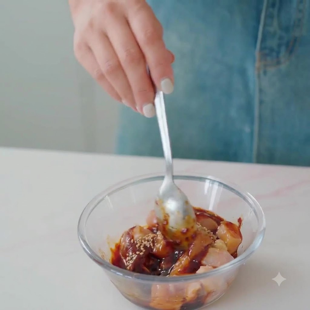 Una cuchara mezclando el pollo y los ingredientes de la marinada juntos en un bol de vidrio.