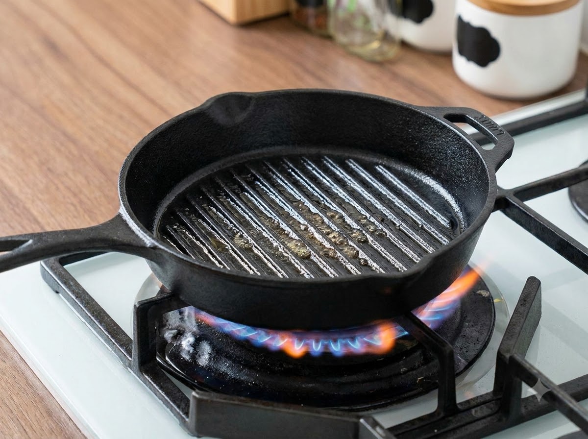 Una sartén de grill negra engrasada y caliente sobre una llama de gas azul en la estufa.