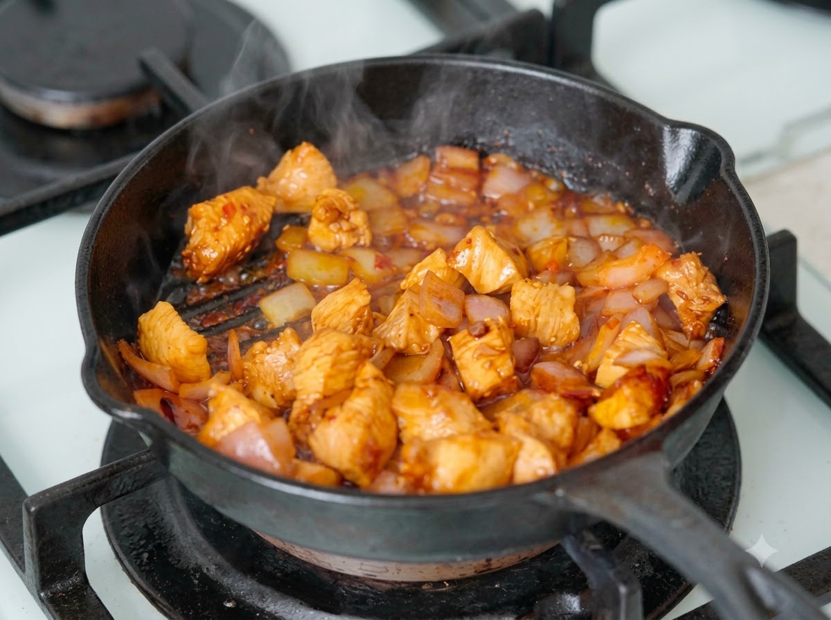 Una sartén de cocina llena de pollo humeante y trozos de cebolla mezclándose juntos.