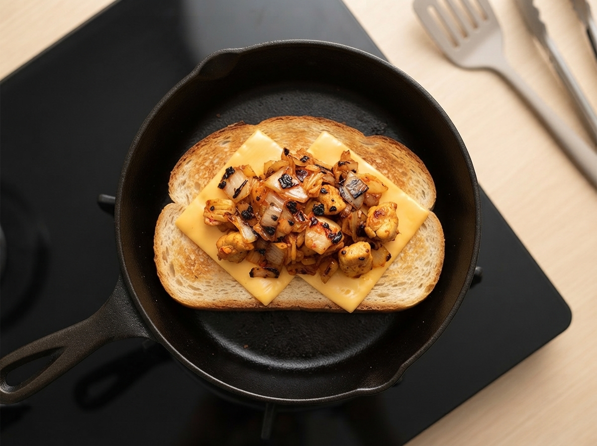 La mezcla preparada de pollo con kimchi servida con cuchara sobre la rebanada de queso en el pan.