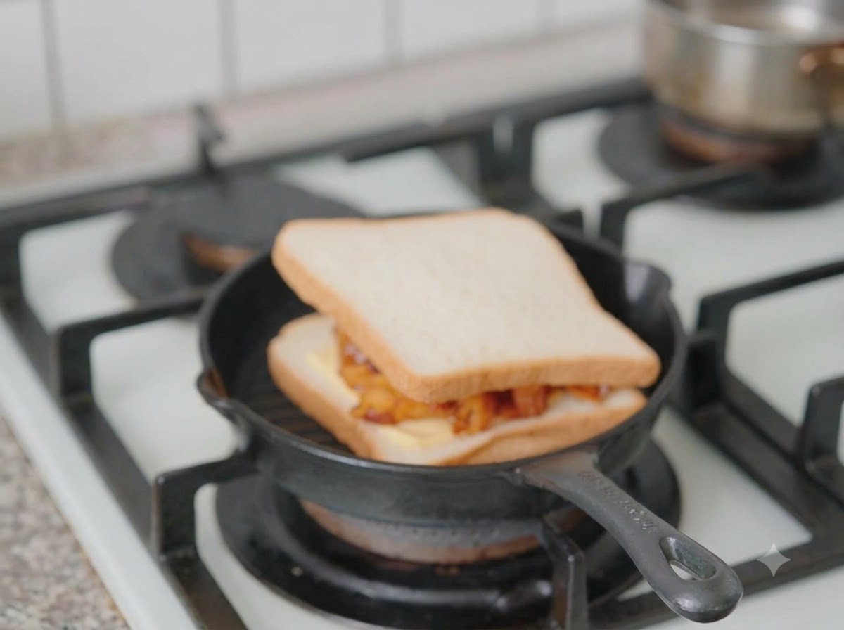 Un sándwich completamente armado en la sartén de grill con una tapa pesada presionando hacia abajo.