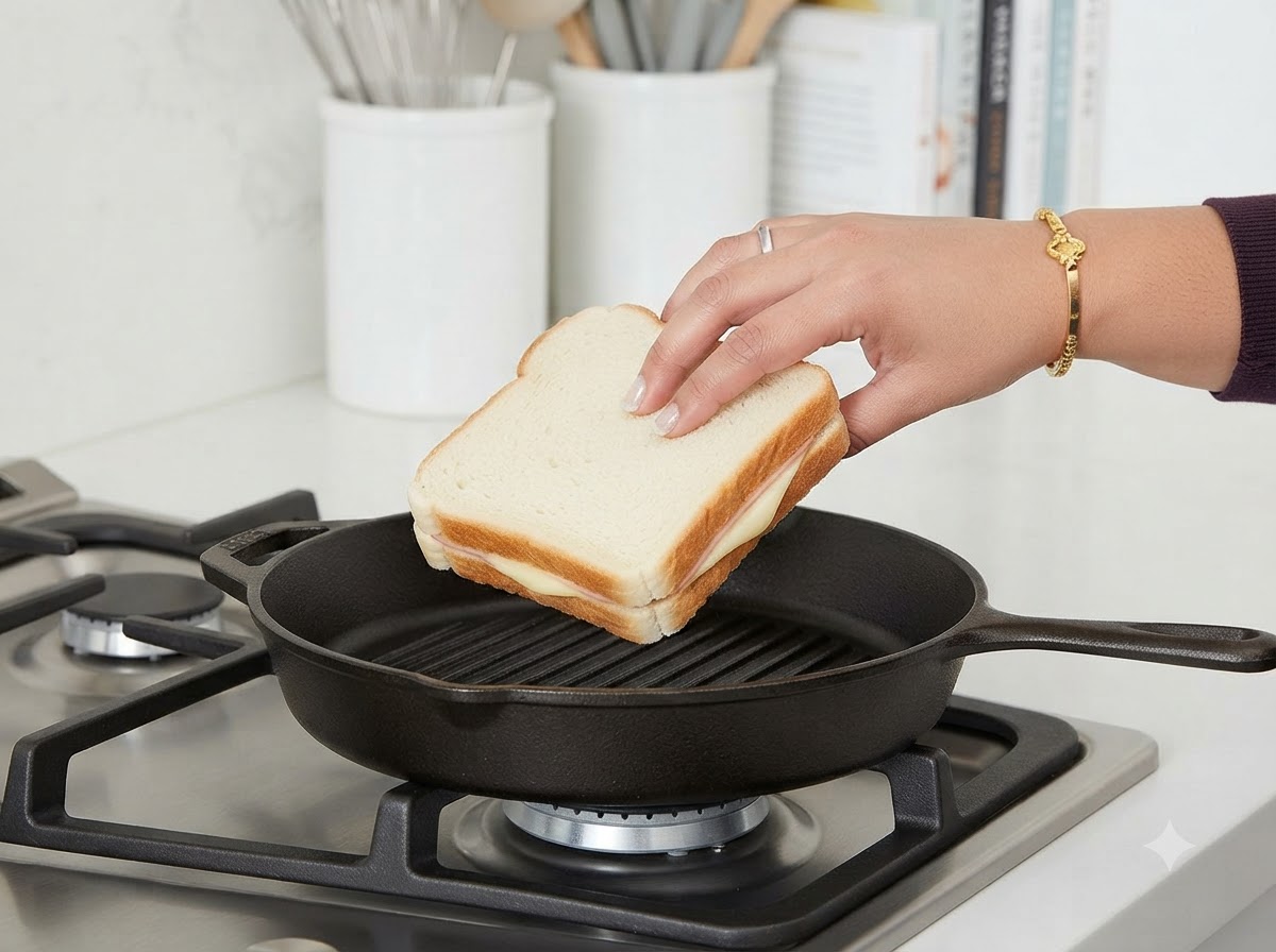 Una mano dando la vuelta al sándwich dentro de la sartén de grill caliente.
