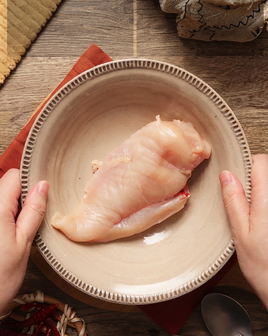 Trozos de pechuga de pollo en un bol a los que se añaden varios condimentos.