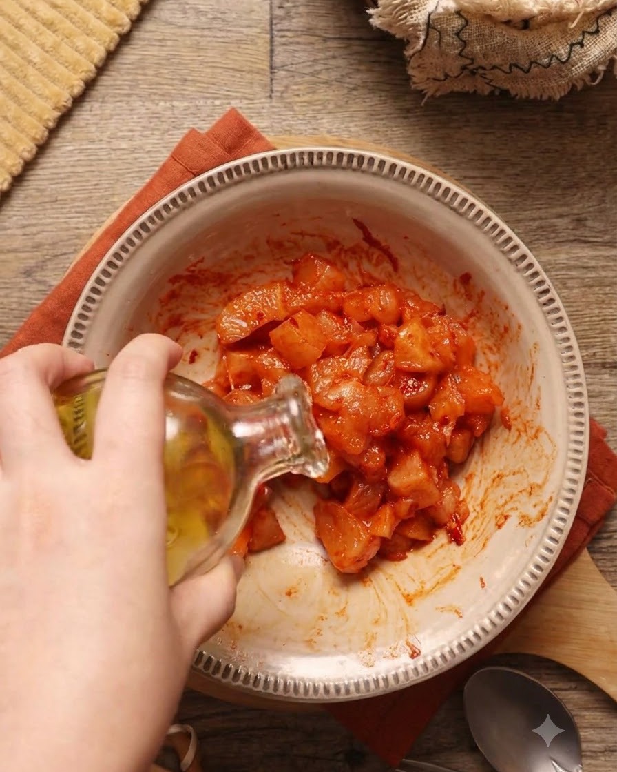 Vertiendo aceite de oliva en un bol con pollo marinado.