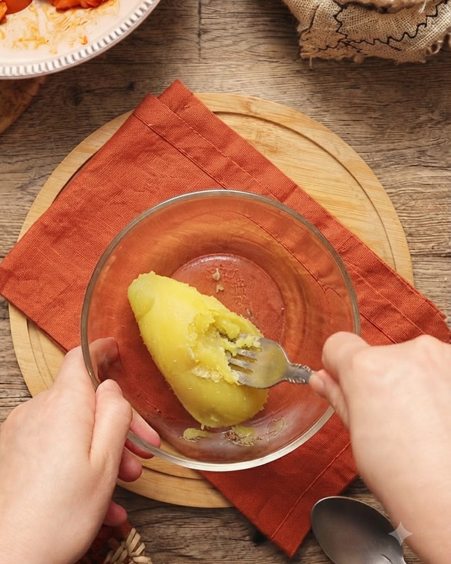 Una papa hervida que se está machacando en un bol con un tenedor.