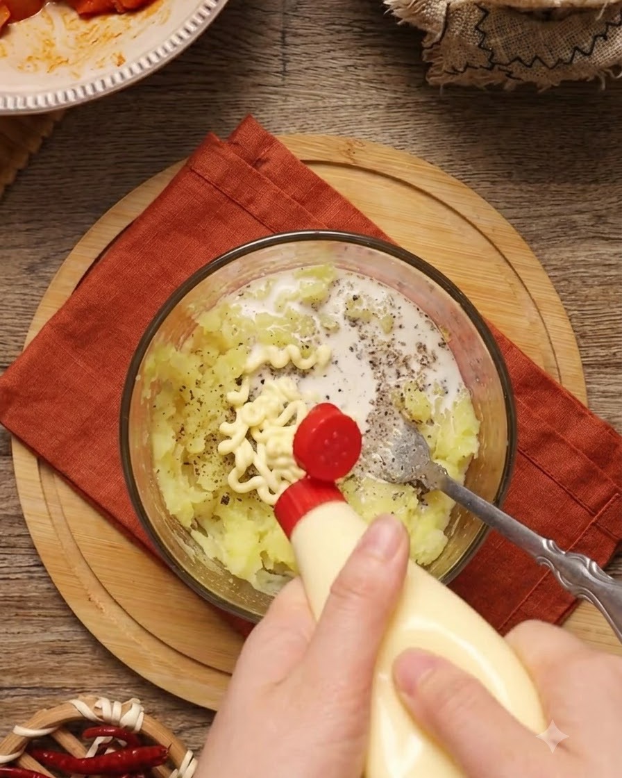 Mayonesa y leche agregándose a un bol de puré de papas.