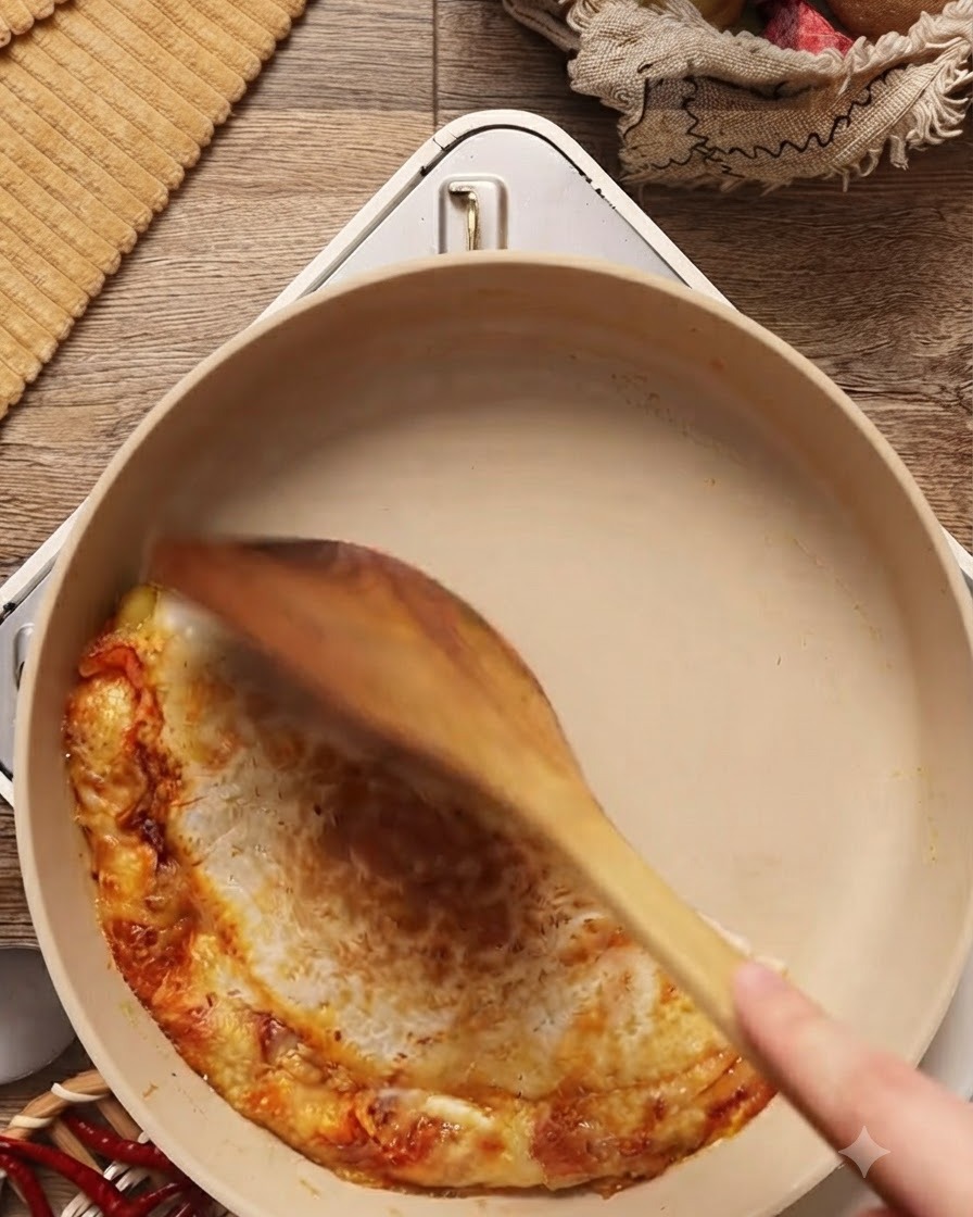 Kimchi y pollo marinado cocinándose y removiéndose en una sartén con una espátula de madera.