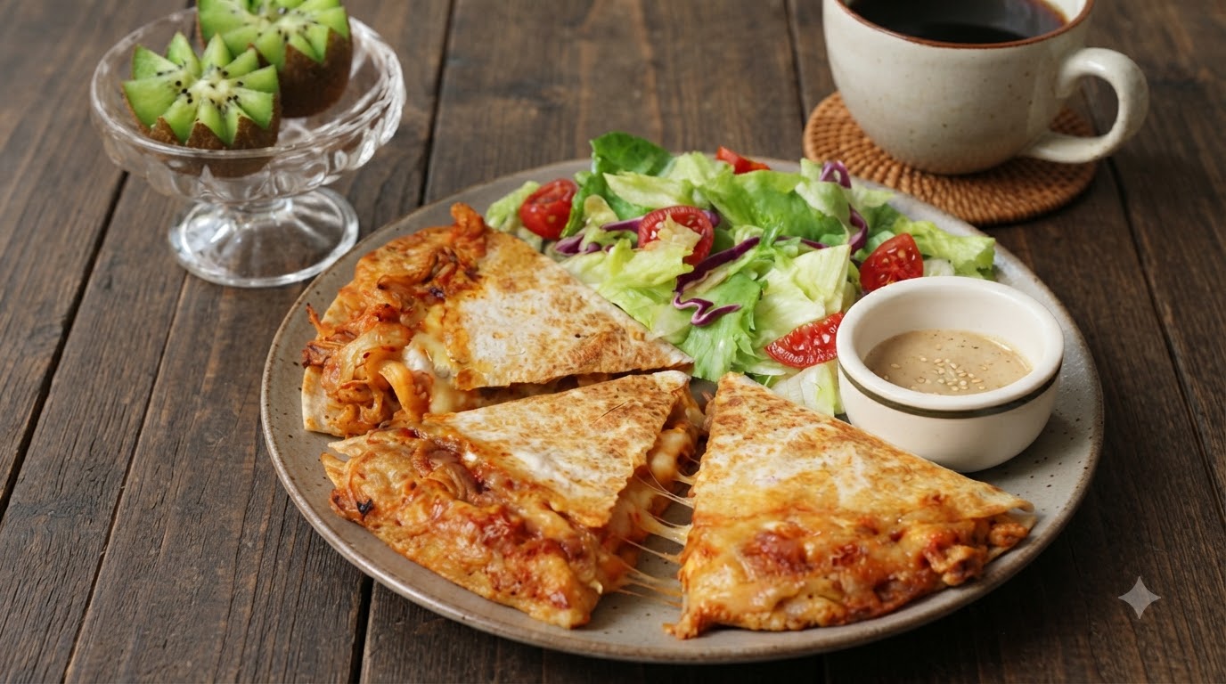 Quesadilla de Pollo con Kimchi, Queso y Puré de Papa
