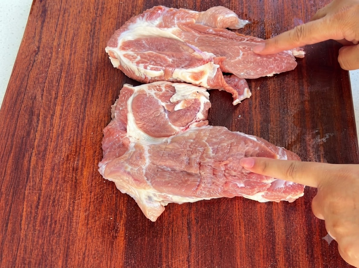Rebanadas de carne de paleta de cerdo siendo golpeadas con el dorso de un cuchillo sobre una tabla de cortar de madera.