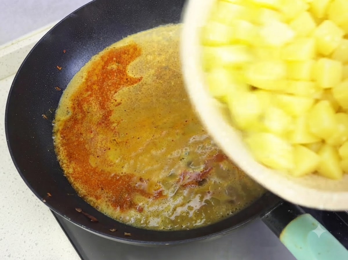 Una mano vertiendo un tazón de papas amarillas en cubos en una sartén oscura con salsa de curry hirviendo a fuego lento.