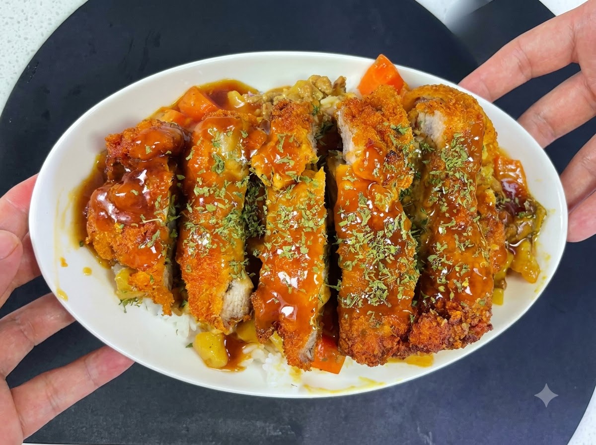 Una chuleta de cerdo empanizada friéndose en aceite caliente hasta que esté dorada y crujiente.