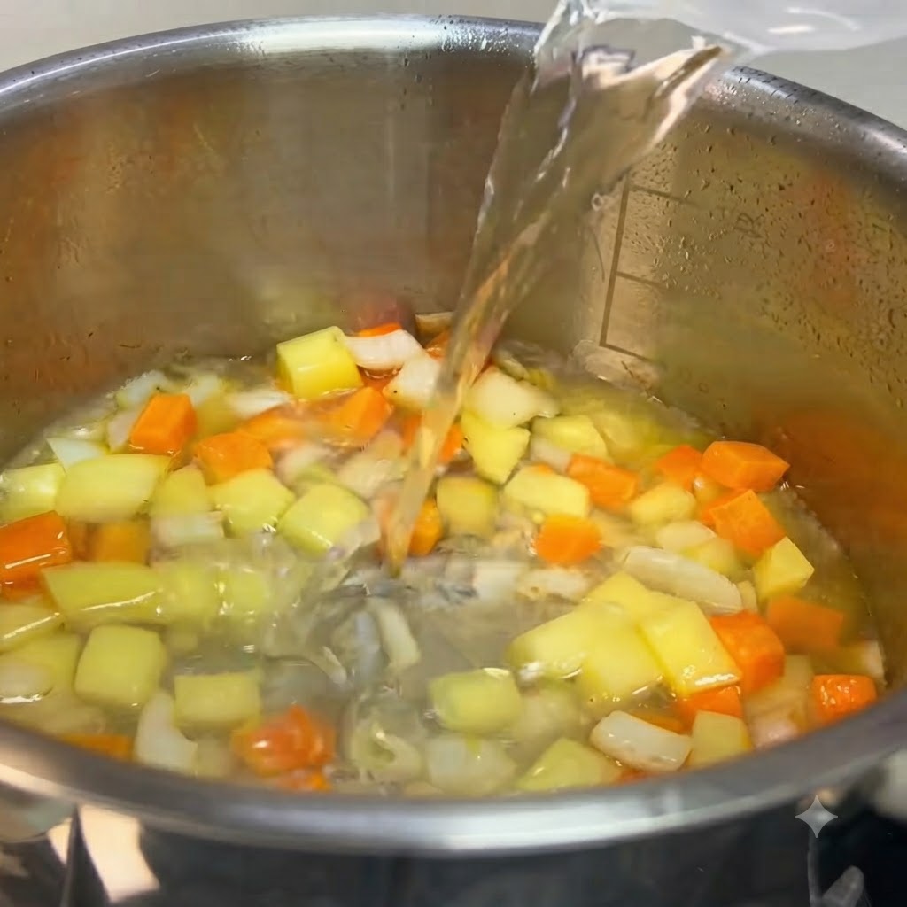 Cubos de curry y líquido siendo vertidos en una olla con verduras picadas como papas y zanahorias.
