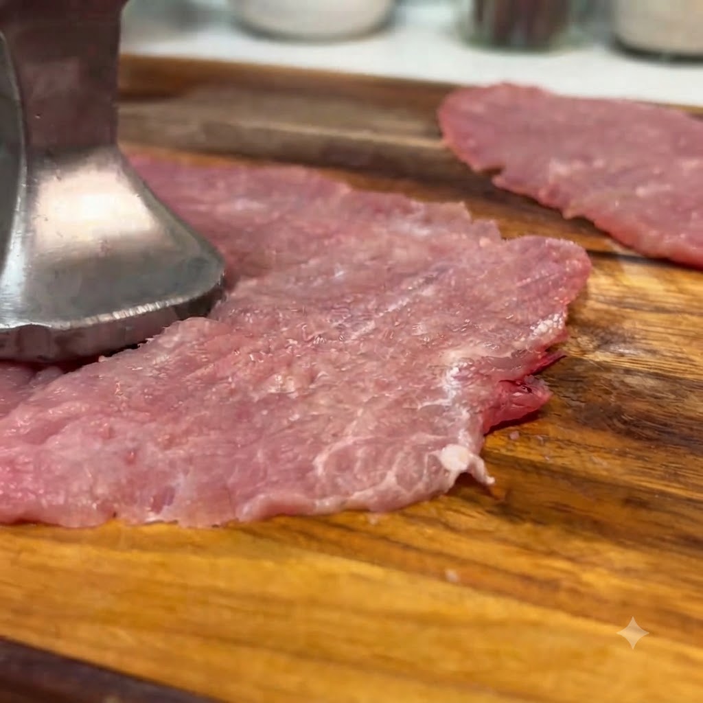 Un mazo de carne de metal aplanando una rodaja de lomo de cerdo crudo sobre una tabla de cortar de madera.