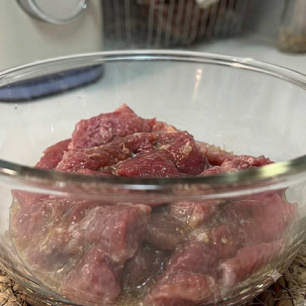 Trozos de cerdo crudo marinados y brillantes en un tazón de vidrio transparente.