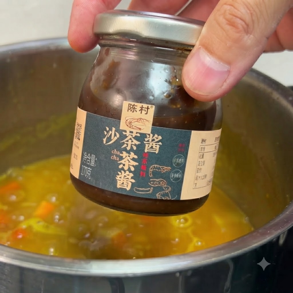 Una mano sosteniendo un frasco pequeño de salsa satá sobre una olla con curry amarillo vibrante hirviendo a fuego lento.
