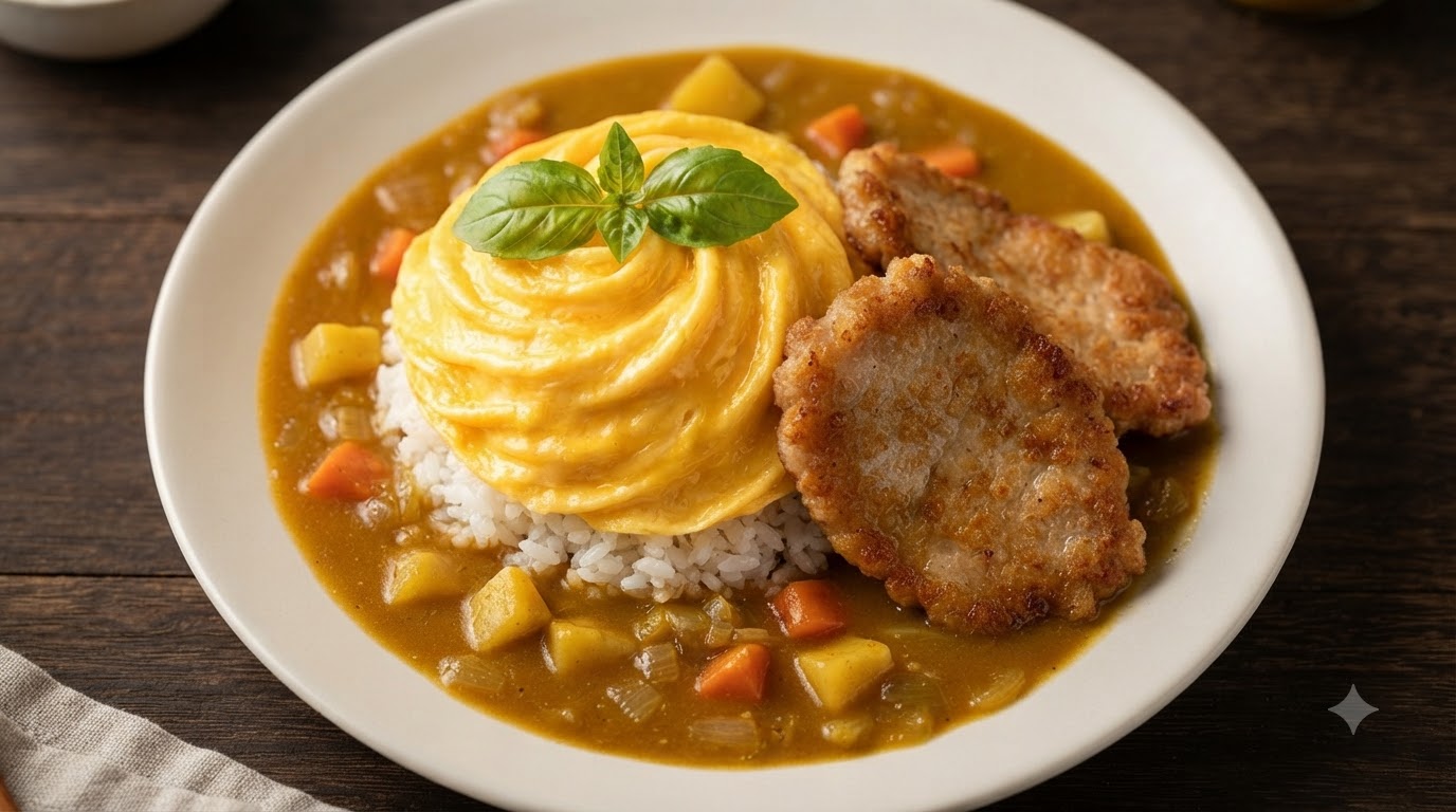 Un plato de curry estilo japonés que presenta una base de arroz esponjoso cubierta con una tortilla dorada en espiral y chuletas de cerdo crujientes en una rica salsa de curry.
