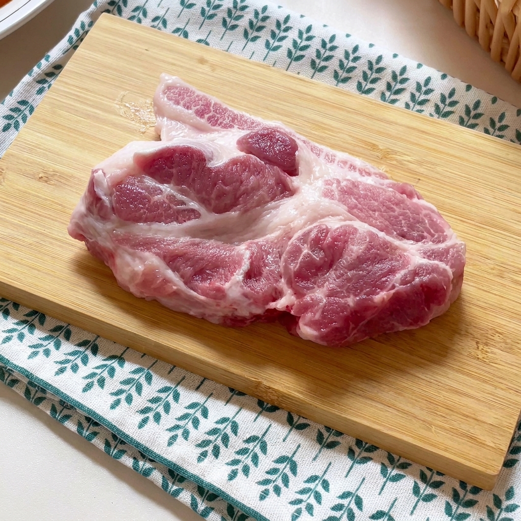 Una chuleta de cerdo cruda siendo golpeada con un mazo de carne sobre una tabla de madera.