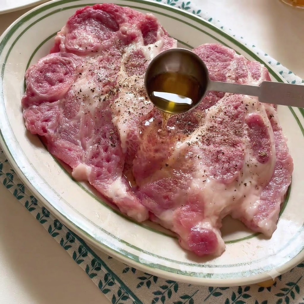 Chuleta de cerdo en un plato siendo sazonada con vino para cocinar y especias.