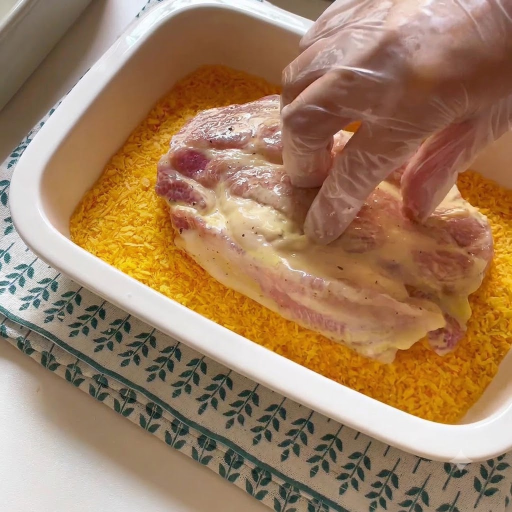 Una chuleta de cerdo siendo presionada en una bandeja de pan rallado amarillo con las manos enguantadas.